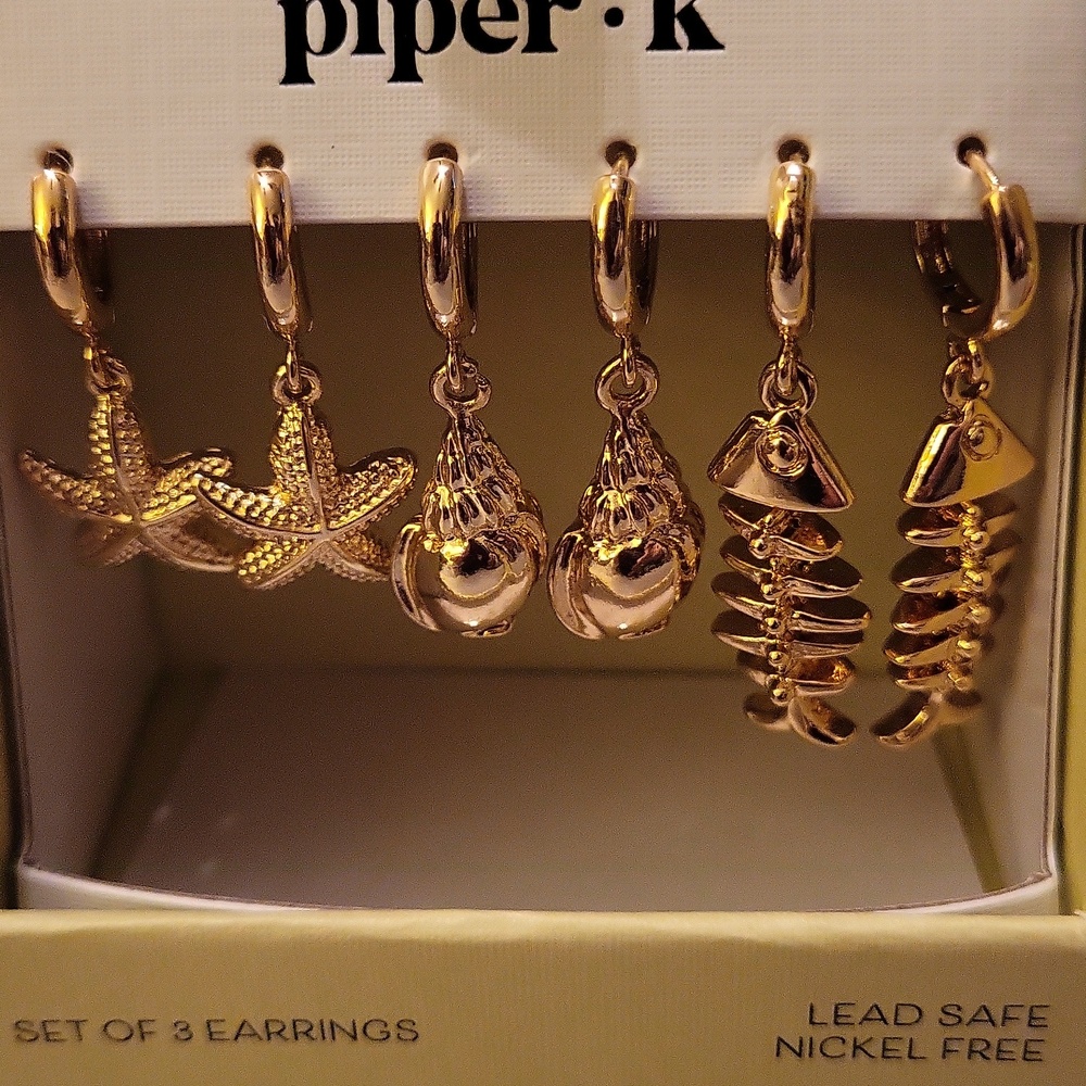 PIper K Gold FISH Shell Starfish Charm Hoop Earring Set - 3 Pairs
